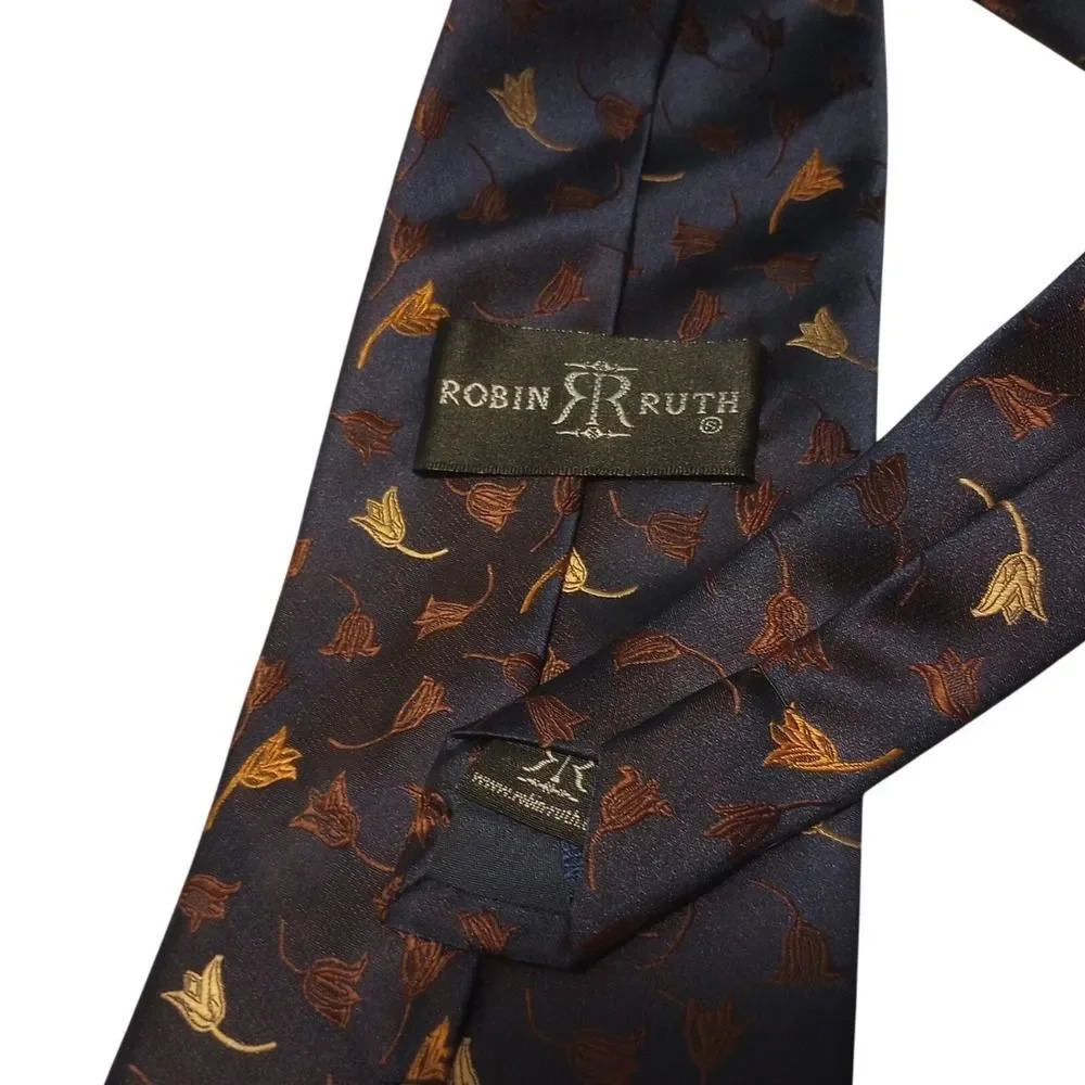 Robin Ruth Mens‎ Navy Blue Gold Tulip Floral Pattern Jacquard Satin Necktie Tie